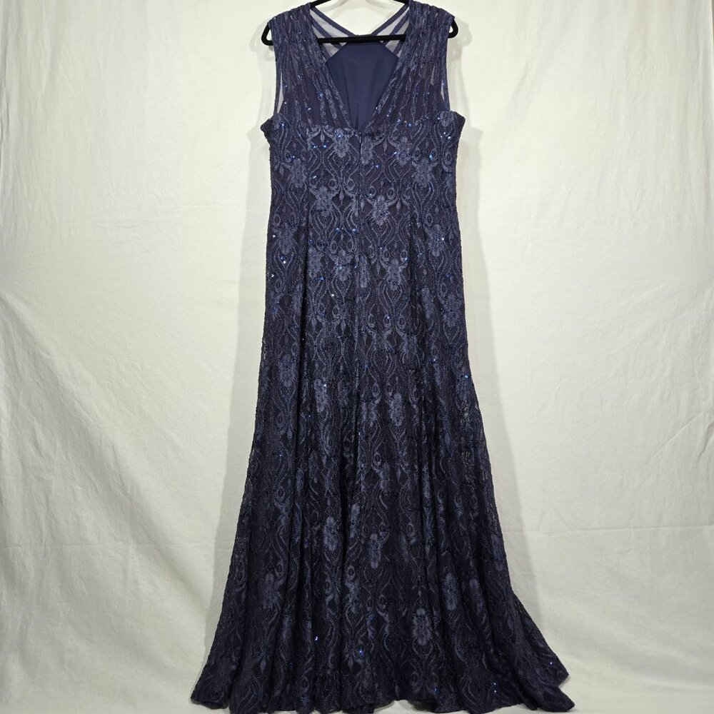 R & M Richards Mother Of The Bride BLUE Sequined Lace Sheer Formal Dress Size 16 - Picture 3 of 17